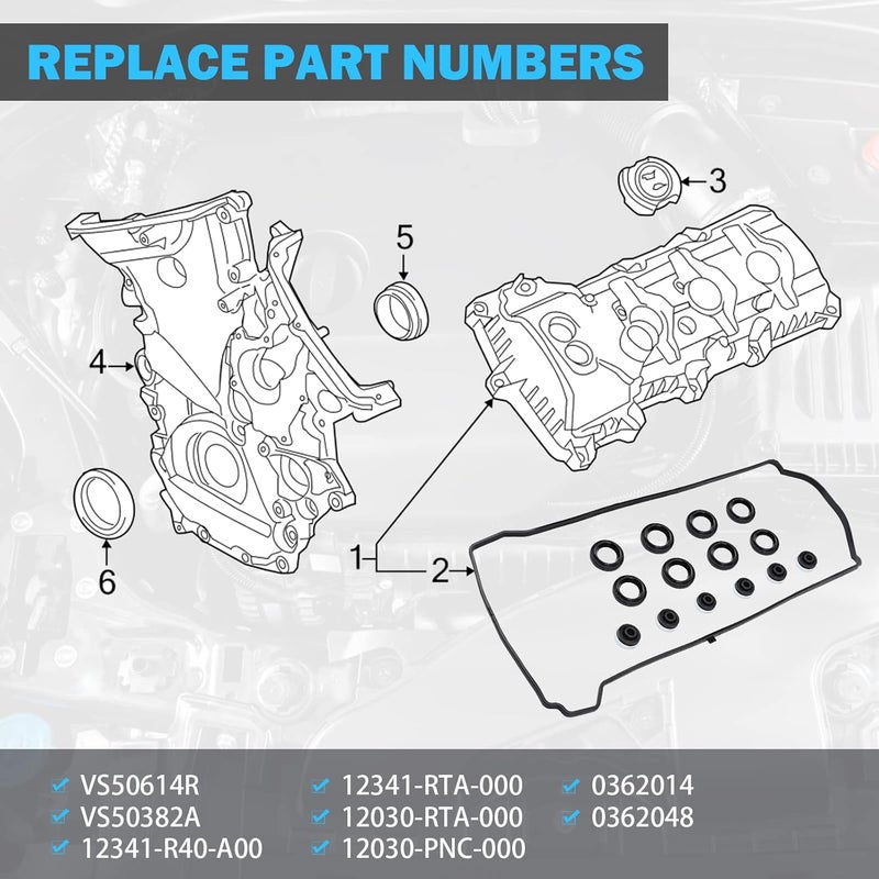 MNJWS Valve Cover Gasket Set - Compatible with 2.0L 2.3L 2.4L 2002-2015 Honda Accord, Civic, CR-V, Element, Crosstour, Acura CSX, ILX, RDX, RSX, TSX - Replace VS50614R, 12341-R40-A00 - Image 3