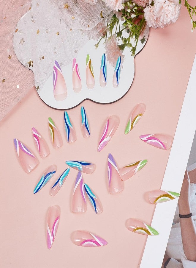 NICENEEDED 24 PCS Long Stiletto Press on Nails,Colorful Almond French Tip False Nails Glossy Artificial Nails, Full Cover Acrylic Nail Art Kit for Women Manicure - Image 4