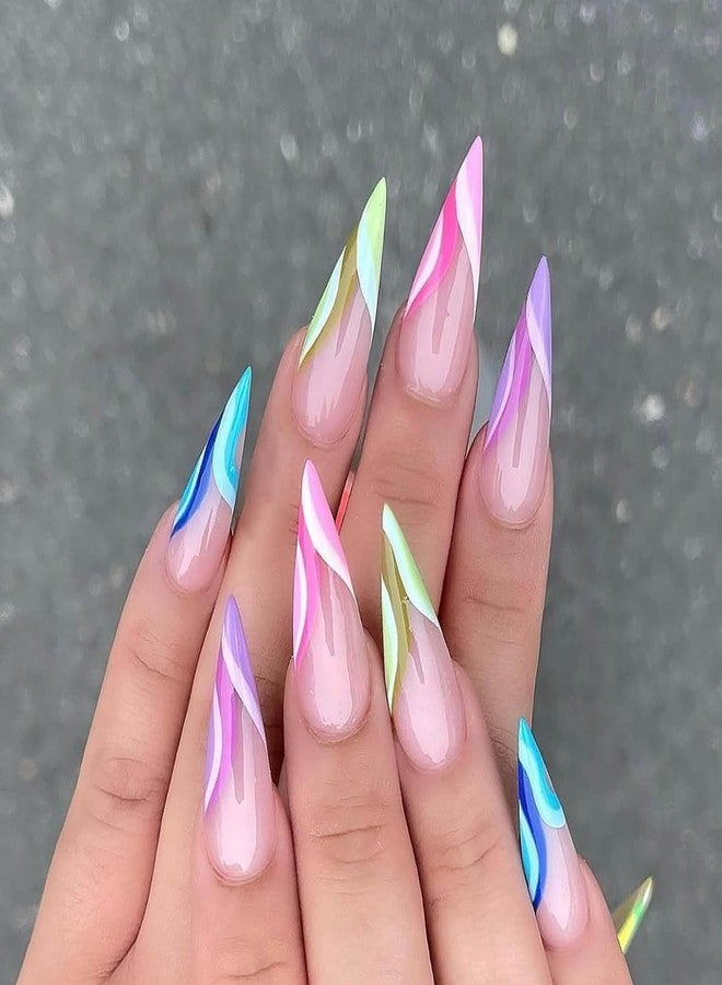 NICENEEDED 24 PCS Long Stiletto Press on Nails,Colorful Almond French Tip False Nails Glossy Artificial Nails, Full Cover Acrylic Nail Art Kit for Women Manicure - Image 1
