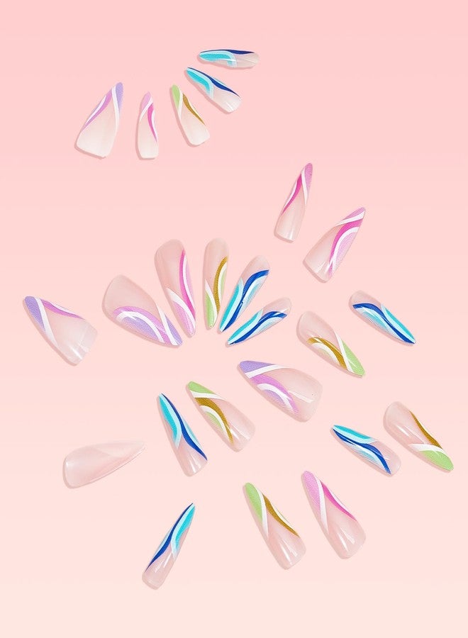 NICENEEDED 24 PCS Long Stiletto Press on Nails,Colorful Almond French Tip False Nails Glossy Artificial Nails, Full Cover Acrylic Nail Art Kit for Women Manicure - Image 3
