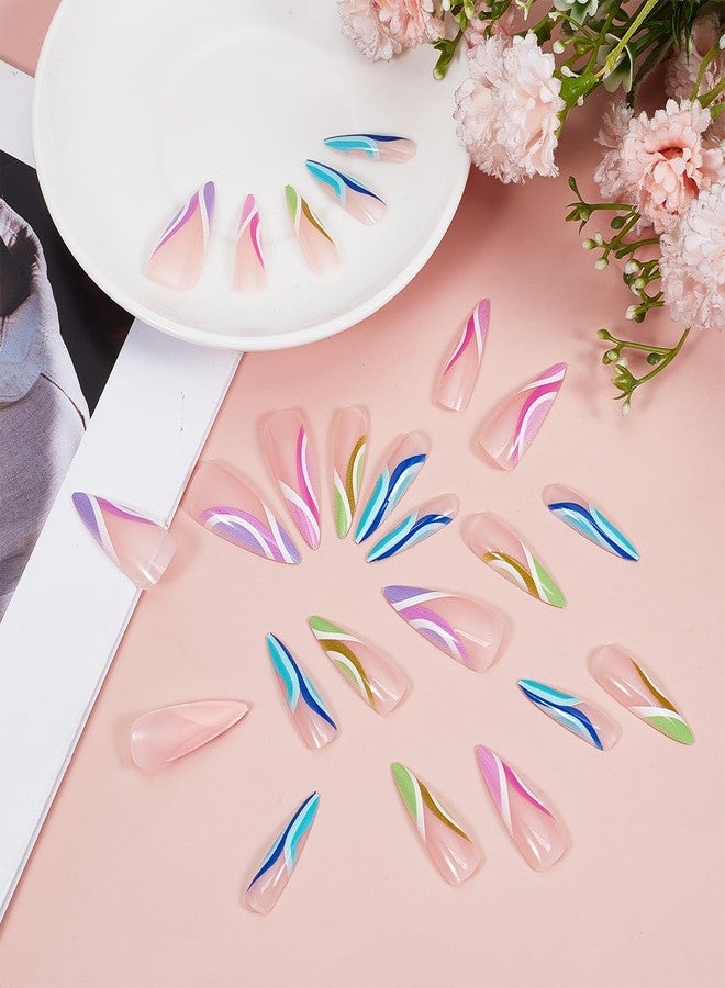 NICENEEDED 24 PCS Long Stiletto Press on Nails,Colorful Almond French Tip False Nails Glossy Artificial Nails, Full Cover Acrylic Nail Art Kit for Women Manicure - Image 5