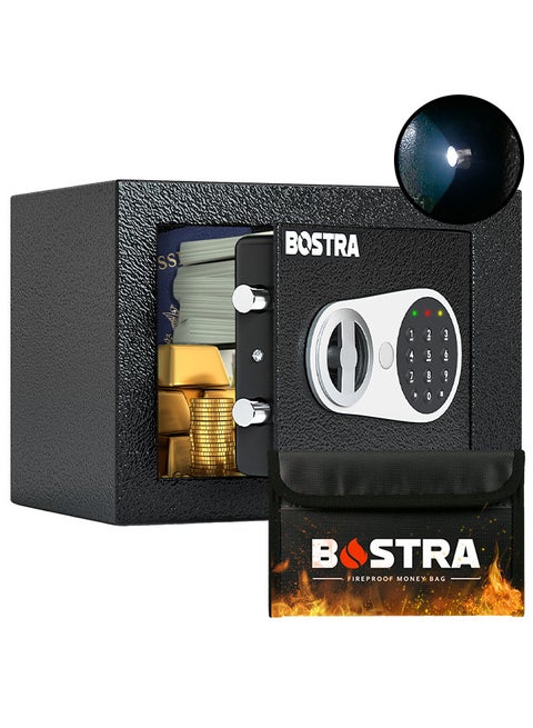 Bostra Fireproof Safe Box with Sensor Light & Fireproof Bag, Money Safe Box with Digital Keypad,Security Safe Box for Home, 0.23 Cubic Small Safe with Keys & Pass Code for Cash Jewelry Silver