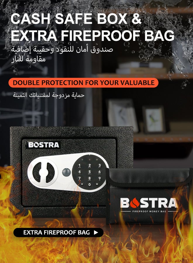 Bostra Fireproof Safe Box with Sensor Light & Fireproof Bag, Money Safe Box with Digital Keypad,Security Safe Box for Home, 0.23 Cubic Small Safe with Keys & Pass Code for Cash Jewelry Silver