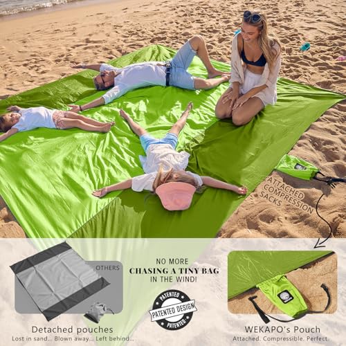 WEKAPO Beach Blanket - Sandproof Waterproof Extra Large Beach Mat | Oversized Sand-Free Lightweight Quick-Drying | Beach Vacation Essentials with Stakes & Corner Pockets (Green, 7x7 FT) - Image 3