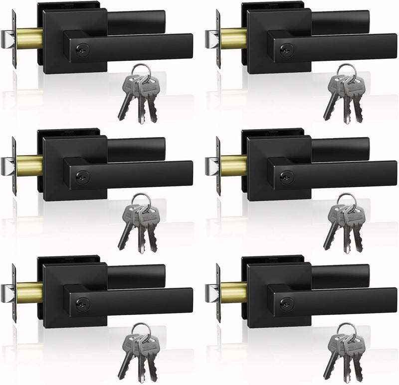DSJJBLL 6 Pack Matte Black Door Handle Heavy Duty, Entry Door Lever, Door Knobs with Lock and Key, Square Door Lever for Bedroom, Bathroom and Front Door - Image 1