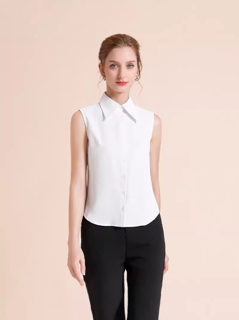 White Chiffon Sleeveless Shirt Women's Spring and Summer All-match New Arrival chubby girl Sleeveless Vest Top with Meat Covering Base - Image 3