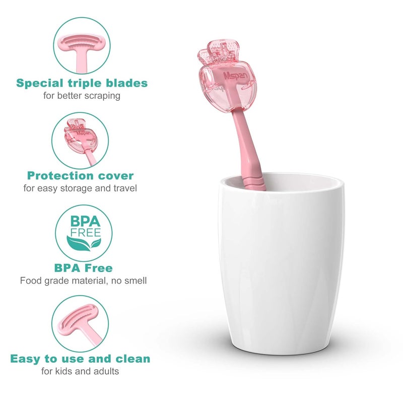 Mspan Tongue Scraper Cleaner Brush - 2 Pack with Travel Cases in Pink and White - Image 3