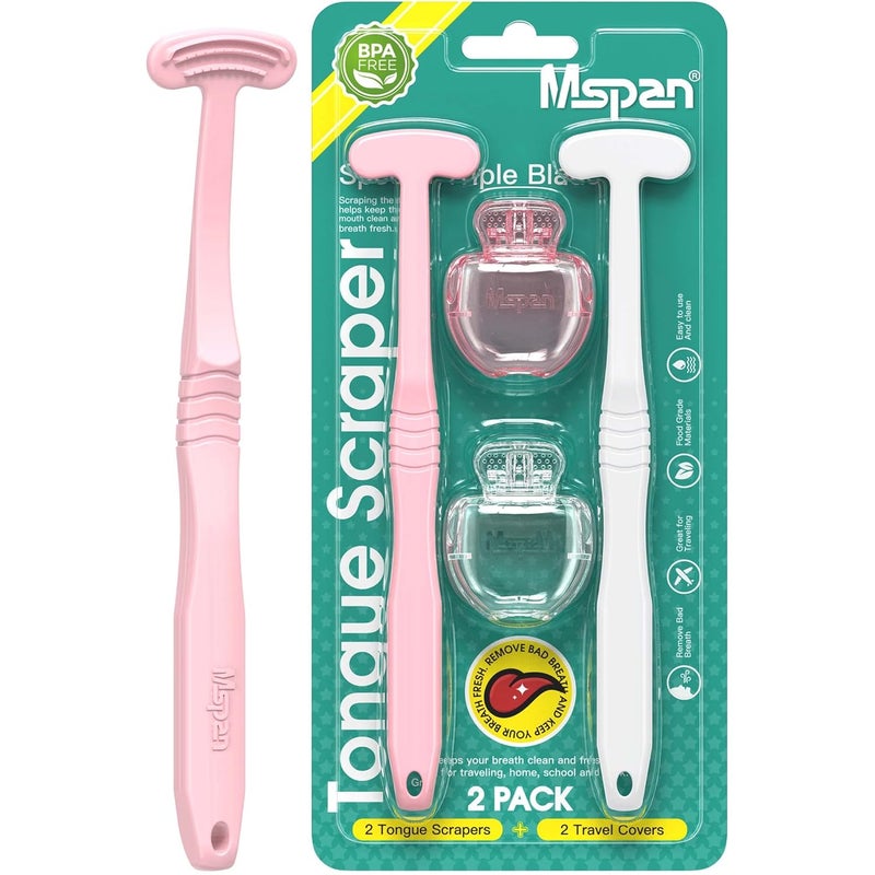 Mspan Tongue Scraper Cleaner Brush - 2 Pack with Travel Cases in Pink and White - Image 1
