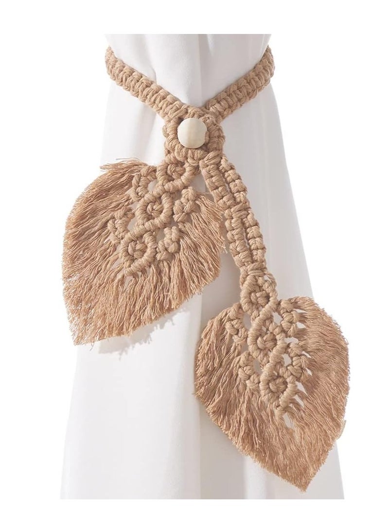 GUDOO 2 Pack Boho Curtain Tiebacks Hand Knitting Cotton Curtain Holdbacks with Adjustable Natural Wooden Bead Double Leaves Farmhouse Theme Curtain Tie Backs  for Indoor Outdoor Drapes Decorative Apricot - Image 1