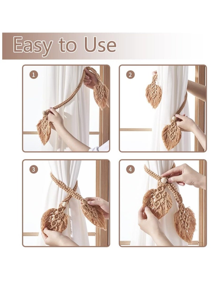 GUDOO 2 Pack Boho Curtain Tiebacks Hand Knitting Cotton Curtain Holdbacks with Adjustable Natural Wooden Bead Double Leaves Farmhouse Theme Curtain Tie Backs  for Indoor Outdoor Drapes Decorative Apricot - Image 3