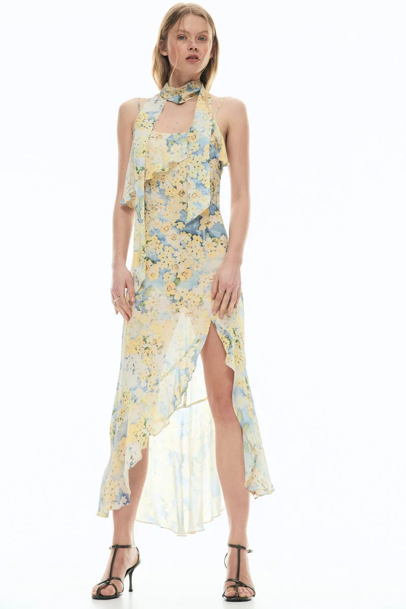 Flounced chiffon dress with scarf