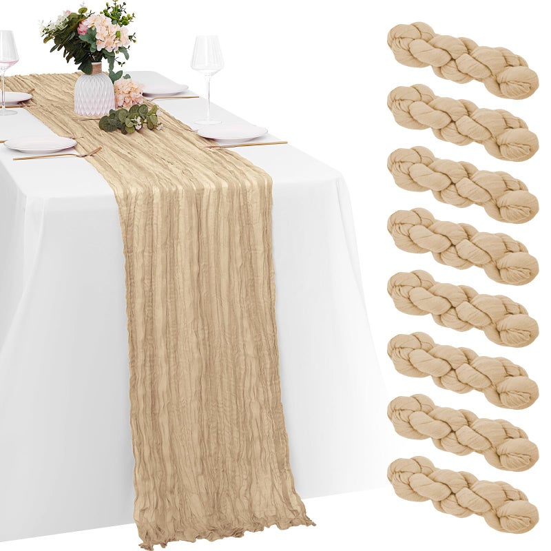 Yorcari 8 Pack Beige Cheesecloth Table Runners 20x120 Inch Gauze Table Runner Cheese Cloth 10FT Beige Table Runner Rustic Sheer Runner for Wedding Birthday Party Baby Shower Table Decor - Image 1
