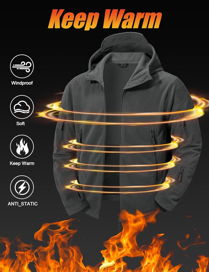 CRYSULLY Men's Tactical Fleece Jacket with Hood and Multiple Pockets - Gray, XL - Image 4
