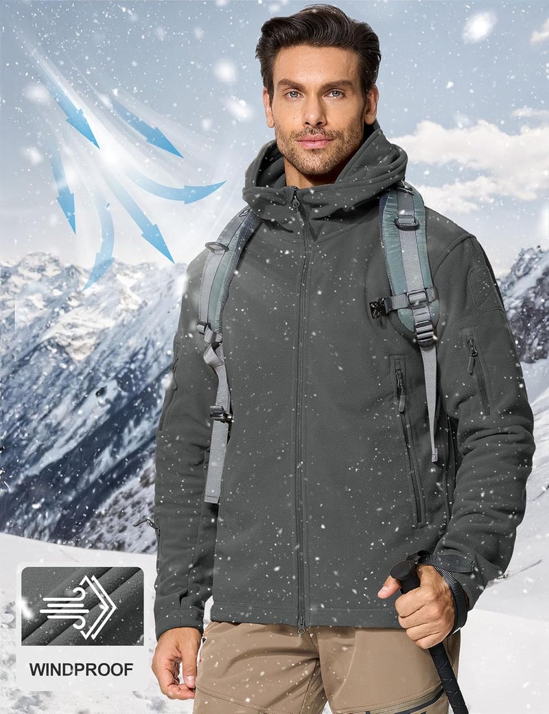 CRYSULLY Men's Tactical Fleece Jacket with Hood and Multiple Pockets - Gray, XL - Image 2