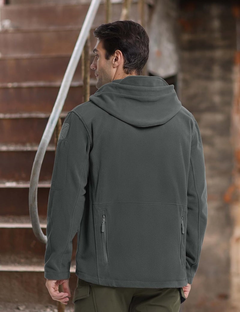 CRYSULLY Men's Tactical Fleece Jacket with Hood and Multiple Pockets - Gray, XL - Image 3