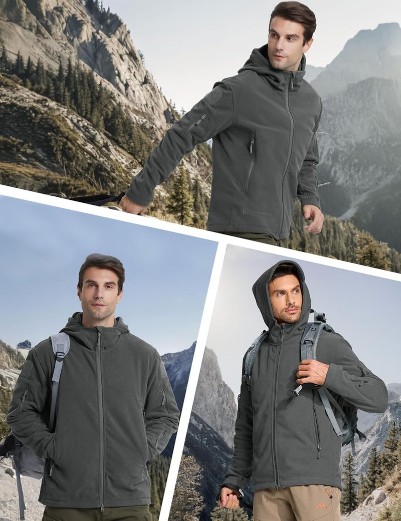 CRYSULLY Men's Tactical Fleece Jacket with Hood and Multiple Pockets - Gray, XL - Image 5