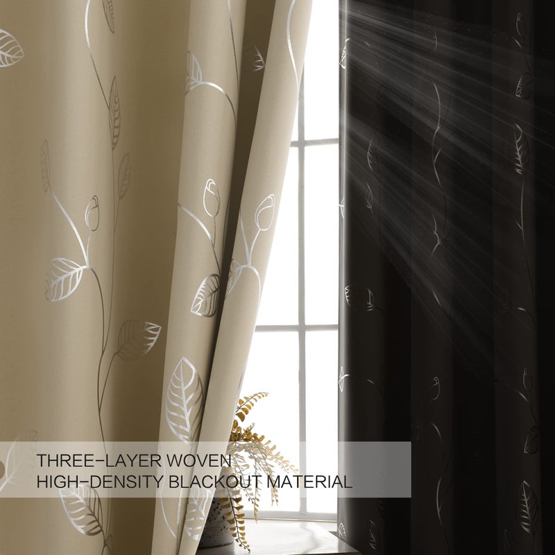 BUHUA Wave Silver Leaf Print Blackout Curtains for Living Room Darkening Curtains Light Blocking Curtains for Bedroom 66W?63L Beige 2 Panels - Image 5