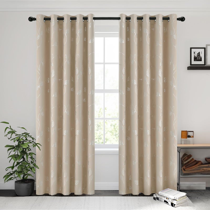 BUHUA Wave Silver Leaf Print Blackout Curtains for Living Room Darkening Curtains Light Blocking Curtains for Bedroom 66W?63L Beige 2 Panels - Image 4