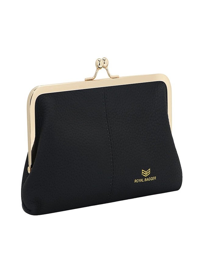 Royal Bagger RFID Kiss Lock Wallet, Solid Color Multi-card Slots Card Holder, Genuine Cow Leather Clutch Purses for Women 1468 (Black) - Image 1