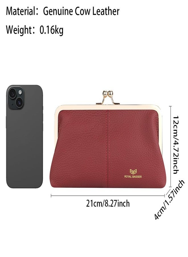 Royal Bagger RFID Kiss Lock Wallet, Solid Color Multi-card Slots Card Holder, Genuine Cow Leather Clutch Purses for Women 1468 (Black) - Image 3