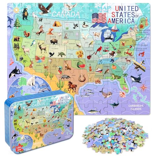 LELEMON Puzzles for Kids Ages 46USA Map 100 Piece Puzzles for Kids Ages 48 in a Metal Box Educational Jigsaw Puzzles 100 Piece Puzzle Games Puzzle Toys for Girls and Boys - Image 1