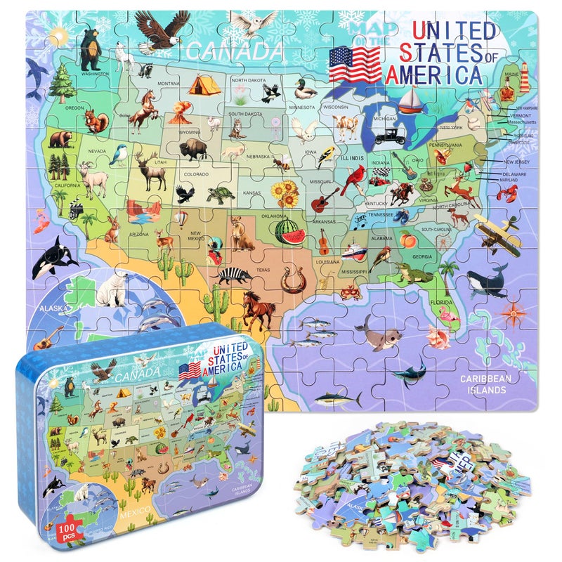 LELEMON Puzzles for Kids Ages 46USA Map 100 Piece Puzzles for Kids Ages 48 in a Metal Box Educational Jigsaw Puzzles 100 Piece Puzzle Games Puzzle Toys for Girls and Boys - Image 3