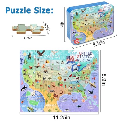 LELEMON Puzzles for Kids Ages 46USA Map 100 Piece Puzzles for Kids Ages 48 in a Metal Box Educational Jigsaw Puzzles 100 Piece Puzzle Games Puzzle Toys for Girls and Boys - Image 5
