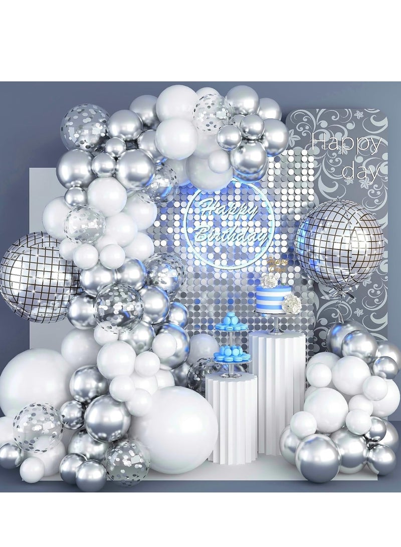 SYOSI Disco Ball Balloons Arch Kit, White and Silver Different Sizes Garland with Large Metallic Mirror Balls Balloons, Confetti for Party Decorations Decor Ornament - Image 1