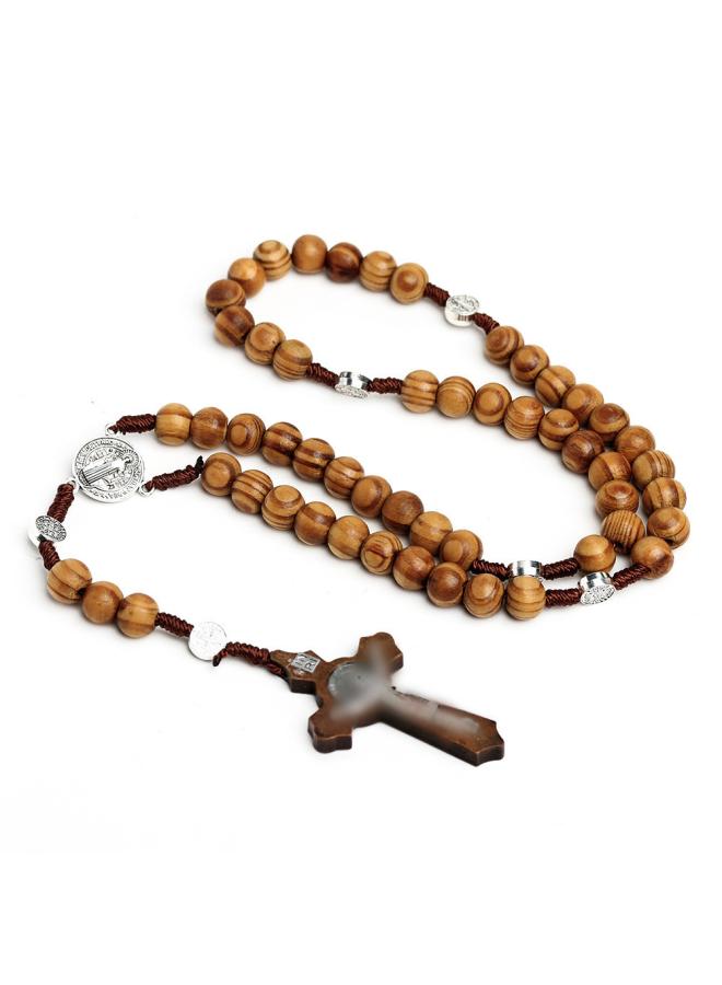 [ ] Natural Wooden Beads Cross Rosary Necklace Hand-woven Prayer Rosary Jewelry 