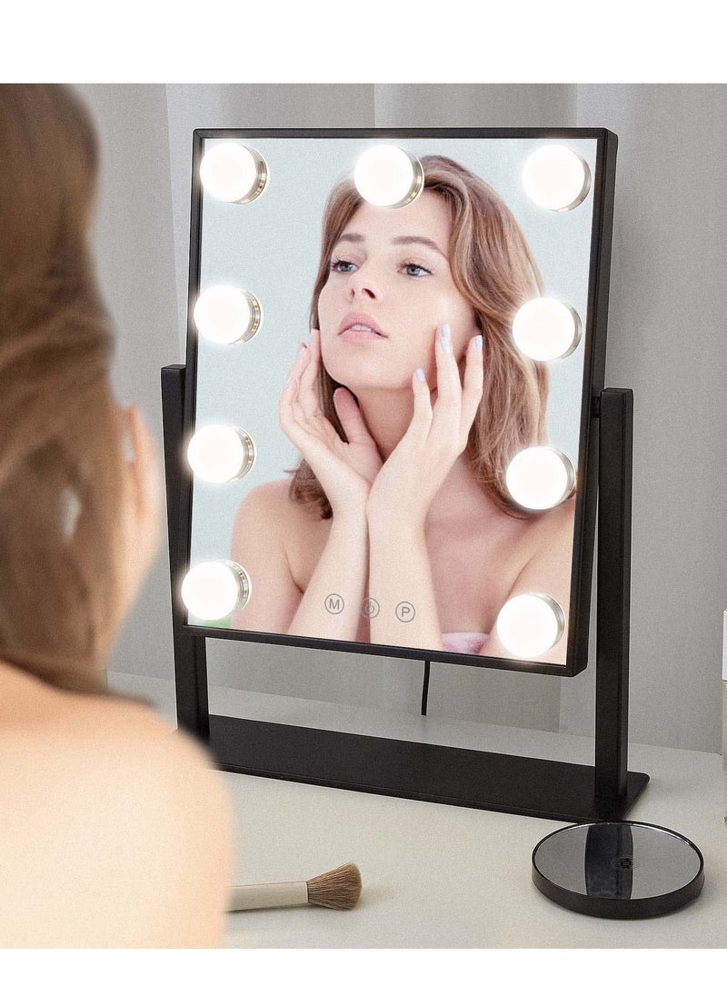 Arabest - Vanity Mirror with Lights Hollywood Lighted Makeup Dimmable&3 Color Modes Lights, 9 LED Bulbles Detachable 10X Magnification (Black) - Image 1