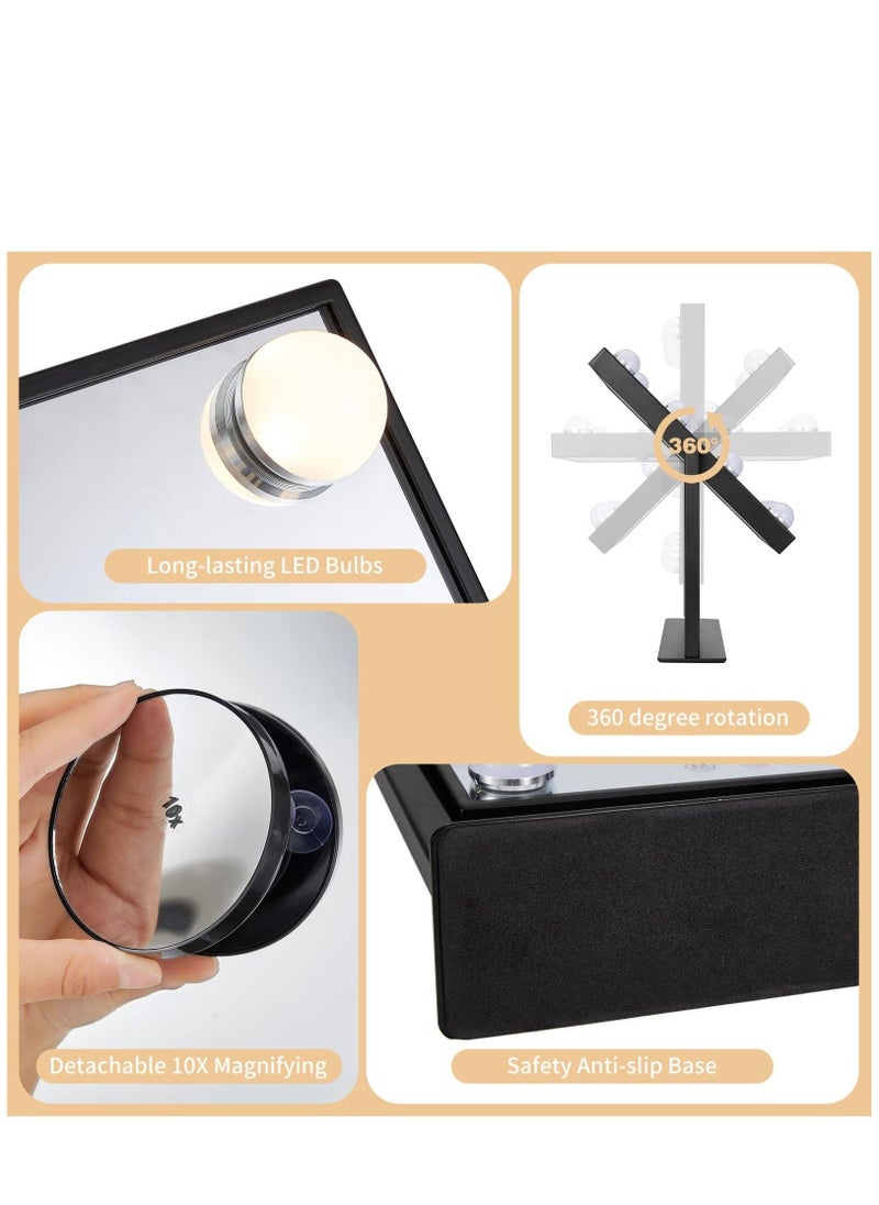 Arabest - Vanity Mirror with Lights Hollywood Lighted Makeup Dimmable&3 Color Modes Lights, 9 LED Bulbles Detachable 10X Magnification (Black) - Image 1
