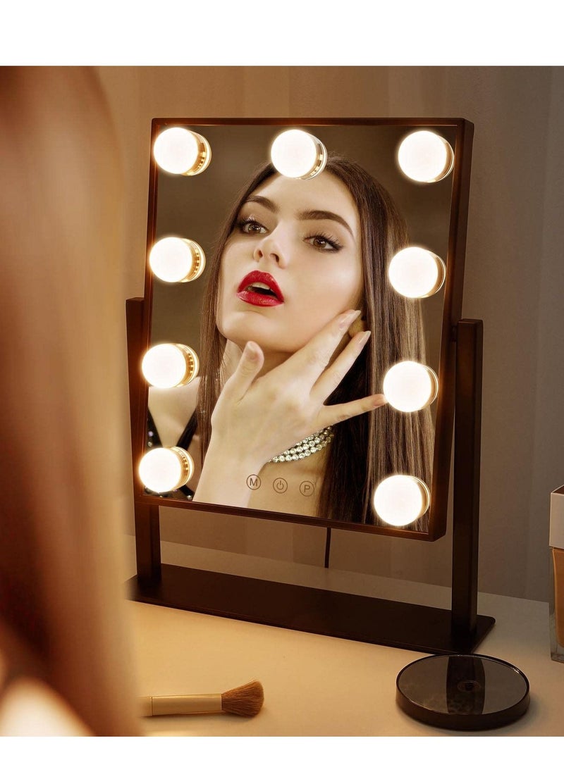 Arabest - Vanity Mirror with Lights Hollywood Lighted Makeup Dimmable&3 Color Modes Lights, 9 LED Bulbles Detachable 10X Magnification (Black) - Image 1