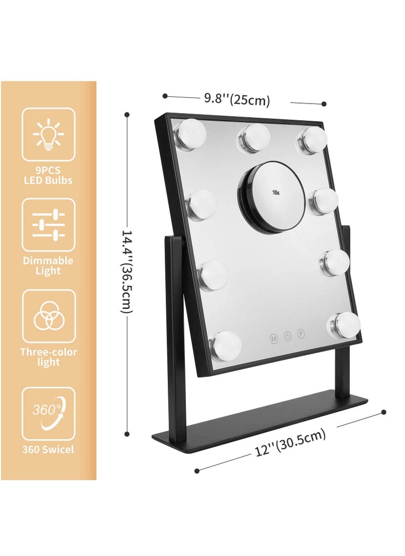 Arabest - Vanity Mirror with Lights Hollywood Lighted Makeup Dimmable&3 Color Modes Lights, 9 LED Bulbles Detachable 10X Magnification (Black) - Image 1