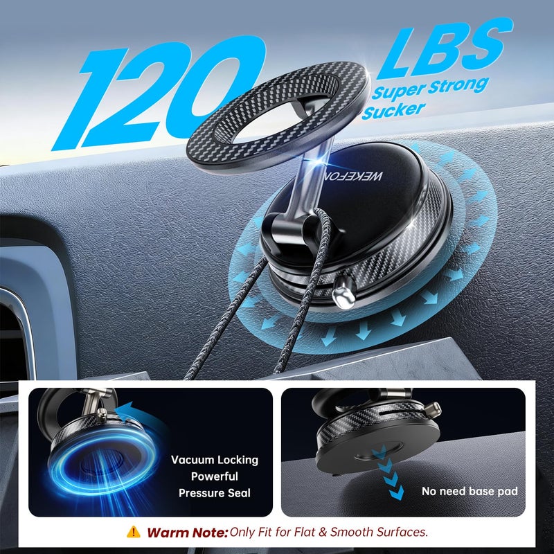 WEKEFON Upgraded Car Phone holder for Magsafe [120LBS Suction Cup & 3000gf Magnet ] 1100Â° Adjustable Vacuum Magnetic Phone Holders for Your Car, Dashboard Car Mount Bracket for iPhone & Android, Carbon Fiber - Image 4