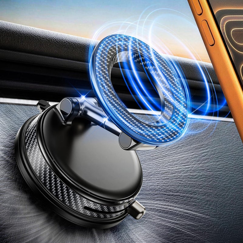 WEKEFON Upgraded Car Phone holder for Magsafe [120LBS Suction Cup & 3000gf Magnet ] 1100Â° Adjustable Vacuum Magnetic Phone Holders for Your Car, Dashboard Car Mount Bracket for iPhone & Android, Carbon Fiber - Image 1