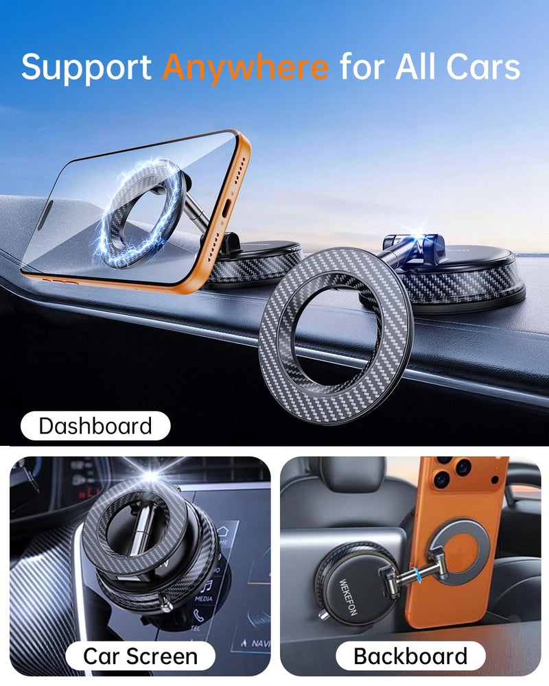 WEKEFON Upgraded Car Phone holder for Magsafe [120LBS Suction Cup & 3000gf Magnet ] 1100Â° Adjustable Vacuum Magnetic Phone Holders for Your Car, Dashboard Car Mount Bracket for iPhone & Android, Carbon Fiber - Image 2