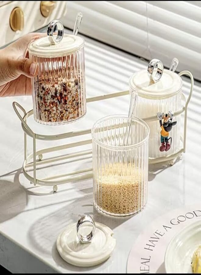 Generic Glass Spice Jars with Lids and Spoons, 3-Piece Set with Metal Stand, Ribbed Acrylic Design .sem