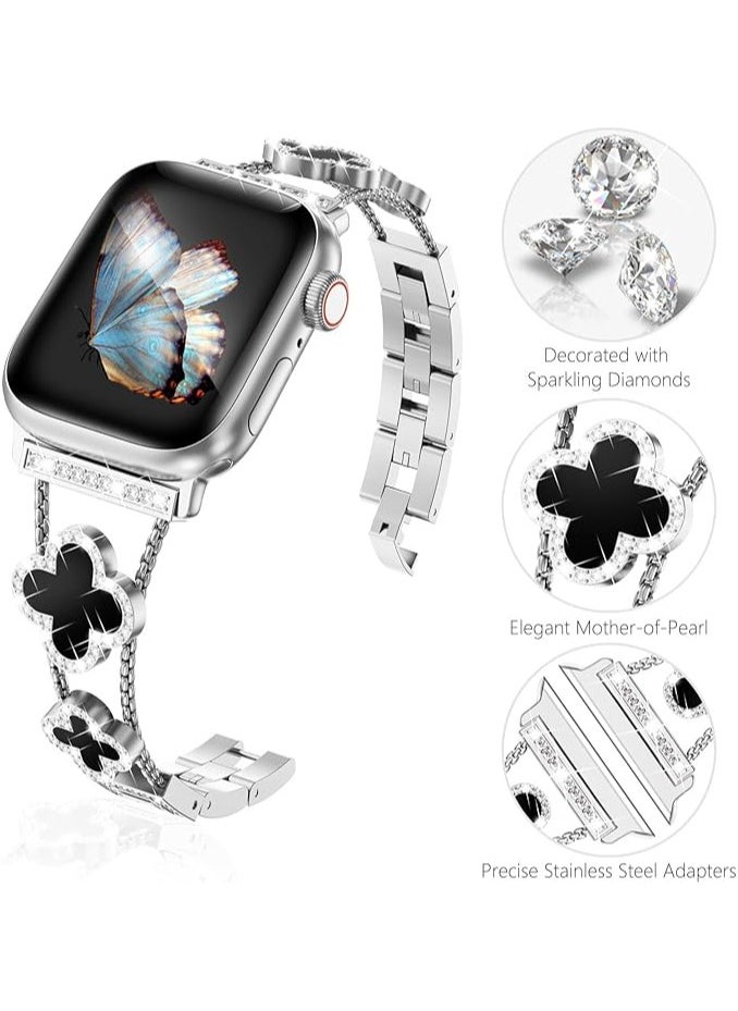 Generic Bling Diamond Band Strap Compatible with Apple Watch Bands for Women 40mm 41mm 38mm 42mm and Series 10 9 8 7 6 5 4 3 2 1 SE, Sparkle Metal Bracelet Wristband, Cute Lucky Clover iWatch Band, Silver/Black  - Image 4