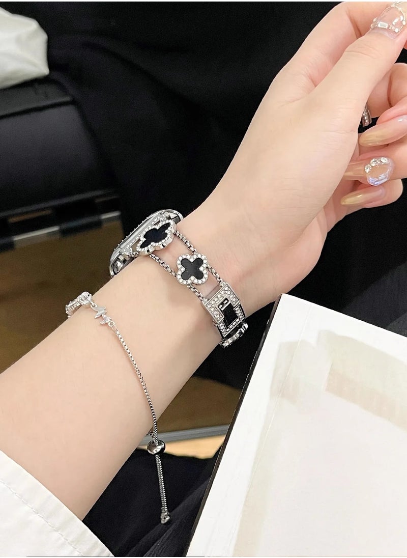 Generic Bling Diamond Band Strap Compatible with Apple Watch Bands for Women 40mm 41mm 38mm 42mm and Series 10 9 8 7 6 5 4 3 2 1 SE, Sparkle Metal Bracelet Wristband, Cute Lucky Clover iWatch Band, Silver/Black  - Image 2