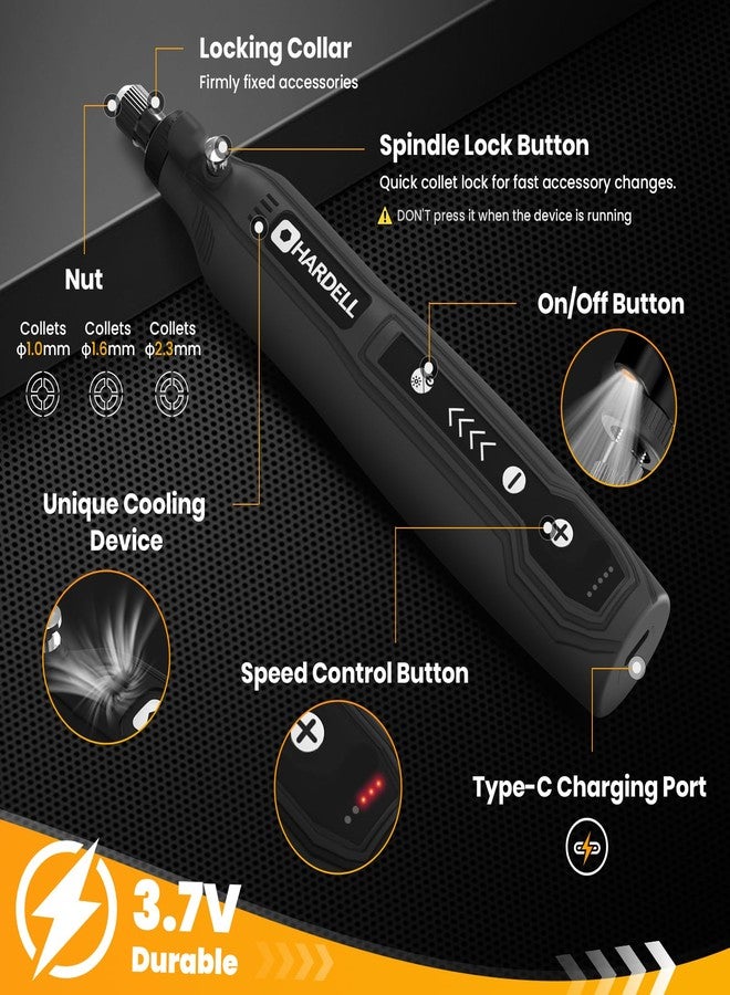 HARDELL Mini Cordless Rotary Tool Kit, 5-Speed and USB Charging with 69 Accessories, Multi-Purpose 3.7V Power Rotary Tool for Sanding, Polishing, Drilling, Etching, Engraving, DIY Crafts (Black) - Image 2