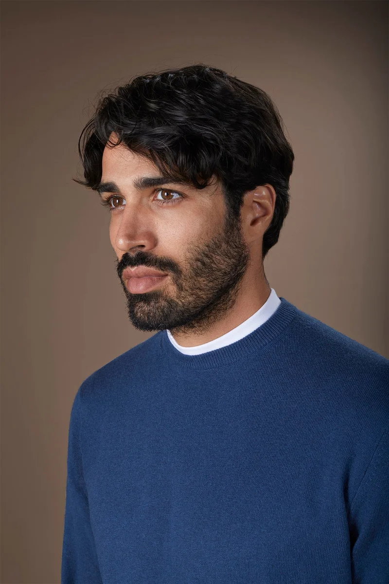 Doppelganger Blue Men's regular fit crew neck jumper in wool and cotton - Indigo for Men | Best Price UAE