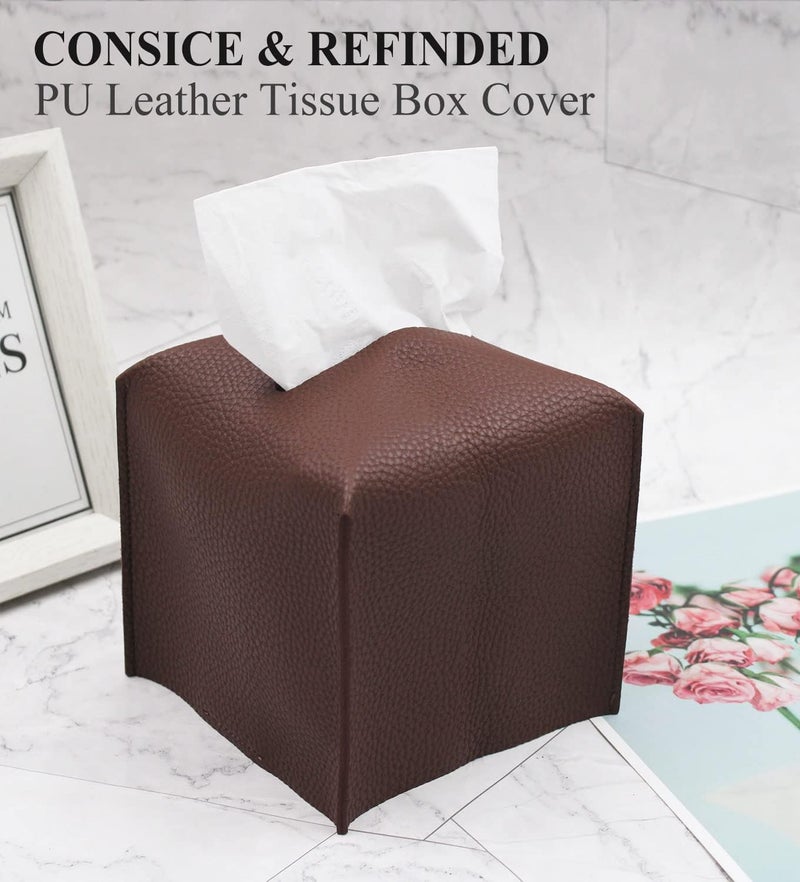 Livelab Tissue Box Cover, Square Decorative PU Leather Tissue Box Holder Modern Tissue Case Facial Paper Organizer Dispenser for Bathroom, Vanity Countertop, Night Stands, Desk 5X5X5'' | Dark Brown - Image 4