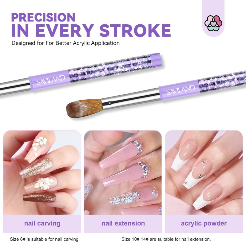 SAVILAND Kolinsky Acrylic Nail Brush Set: Size 6,10,14 Professional Manicure Brushes with Cleaner Tool & Purple Handle for Acrylic Powder,Nail Extensions & 3D Carving - Salon & DIY Nail Art Essentials - Image 2