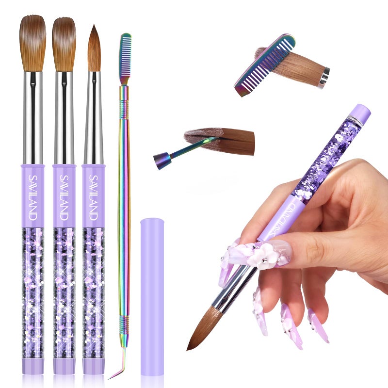 SAVILAND Kolinsky Acrylic Nail Brush Set: Size 6,10,14 Professional Manicure Brushes with Cleaner Tool & Purple Handle for Acrylic Powder,Nail Extensions & 3D Carving - Salon & DIY Nail Art Essentials - Image 1