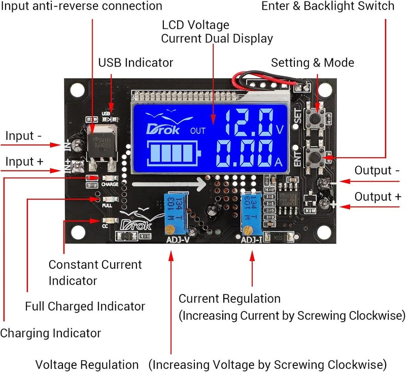 DROK Boost DC 6-30V to DC 7-32V 12V 24V 5A Adjustable Voltage Regulator with LCD and Guards - Image 2