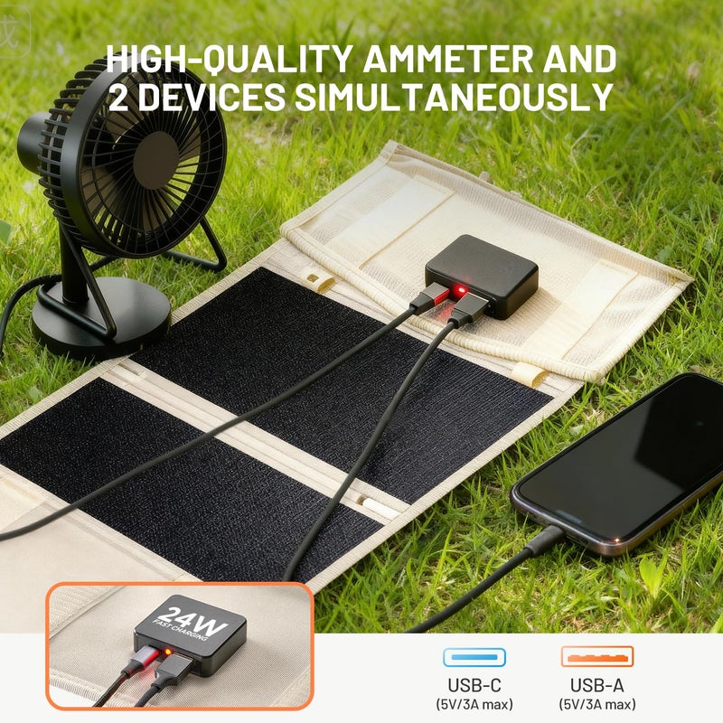 Litheli 24W Portable Solar Panel Charger, Foldout Mini Solar Panel for Camping, Hiking & Window Use, IP54 Waterproof, Dual USB-C/USB-A 5V/3A, Foldable Solar Charger for Phone, Camera & Power Bank - Image 3