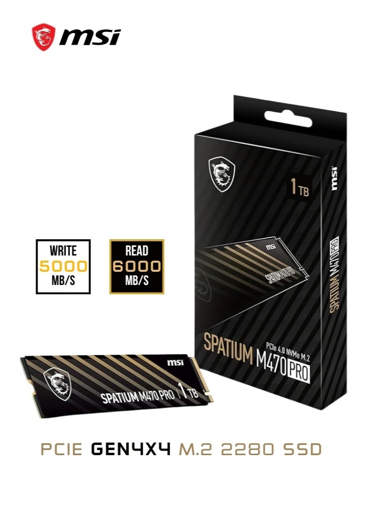 إم اس أي SPATIUM M470 PRO PCIe 4.0 NVMe M.2 1TB SSD محمول, 1TB قرص صلب خارجي, سرعات تصل إلى 6000MB/s, USB-C, تخزين موثوق للألعاب, الطلاب, المحترفين, أسود - Image 1