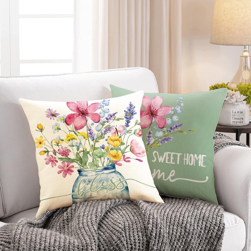 WOKANI Outdoor Throw Pillow Covers 18x18 Set of 4 Spring Summer Garden Flowers Farmhouse Patio Decorative Cushion Covers Home Decor Couch for Sofa Bedroom Livingroom - Image 3