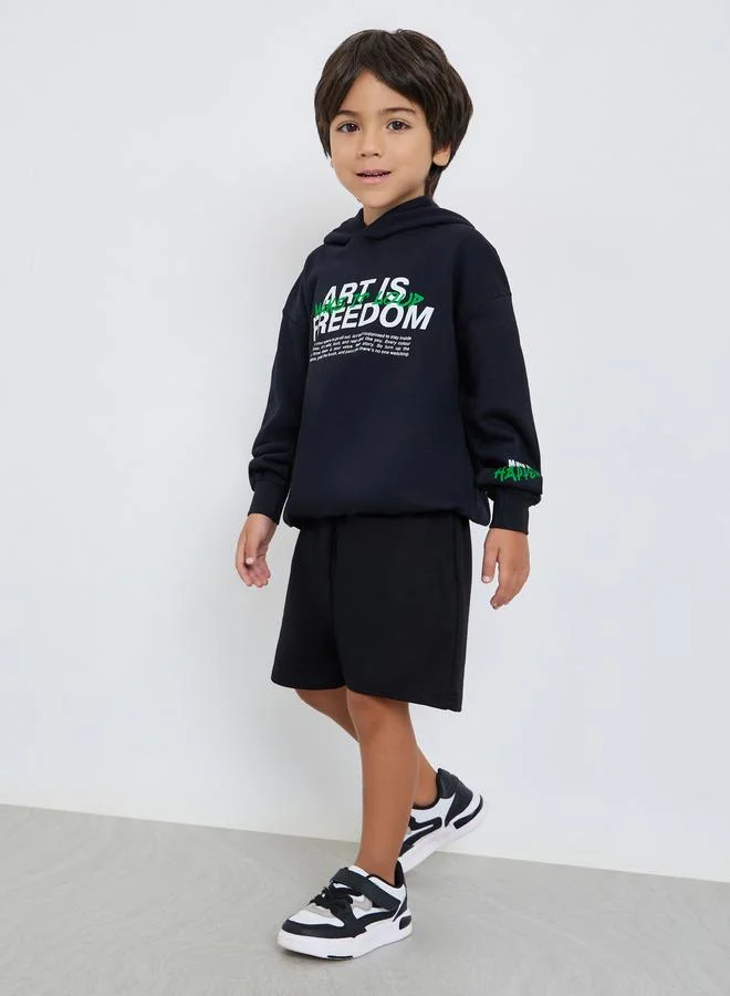 Styli Boys Black Graphic Print Cotton Hoodie