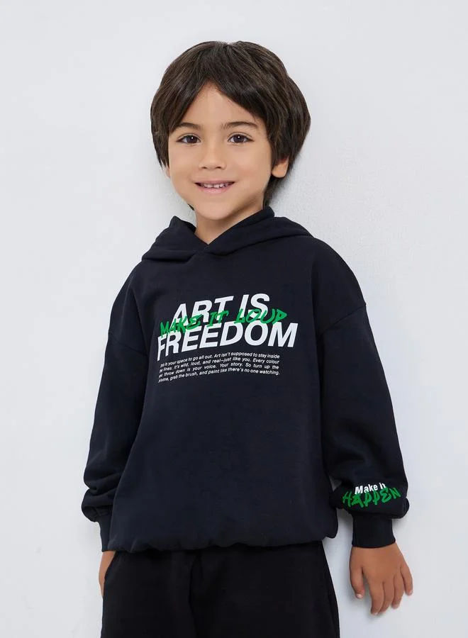 Styli Boys Black Graphic Print Cotton Hoodie